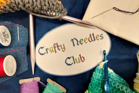 knitting needles, yarn, crochet hook, thread, and needles around word crafty needles club