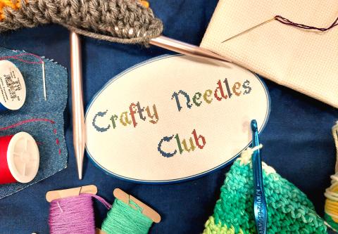 knitting needles, yarn, crochet hook, thread, and sewing needles around the words crafty needles club