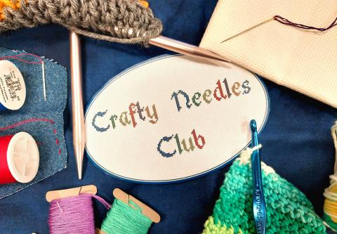 knitting needles, yarn, crochet hook, thread, and needles around the words crafty needles club