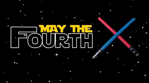 the words May the Fouth and one blue and one red pool noodle lightsaber crossed against a starscape background