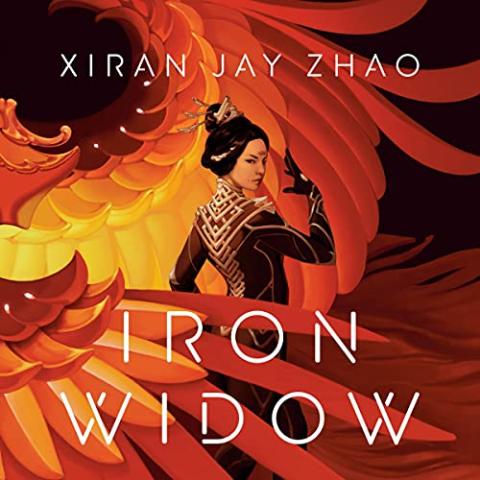 Iron Widow cover with a woman in front of red, orange and yellow feathers.