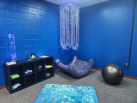 A room will a shelving unit that has different sensory items. There is a rocking chair with a fiber optic hanging tentacles. There is a yoga ball and a carpet. The room is painted blue.