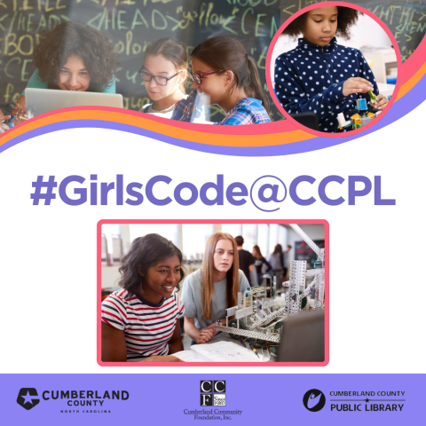 #GirlsCode@CCPL with three pictures of girls coding or working with robotics.