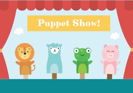 Four puppets (a lion, a llama, a frog and a pig) on a stage with the words Puppet Show above them.