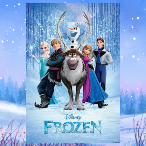 The cover of Frozen on a snowy background. Elsa, Kristoff, Olaf, Sven, Anna and Hans are standing together facing forward.