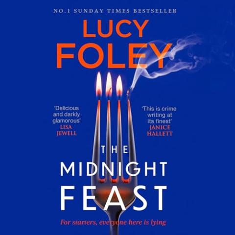 Cover of The Midnight Feast that has a fork with three of the tines lit like candles and the fourth tine blown out.