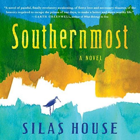 Southernmost book cover that depicts an abstract painting of green, gold, white and blue sections with a dark blue bird painted in between the white and blue section.