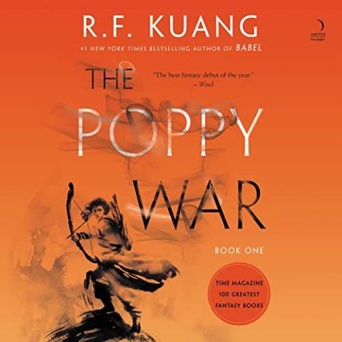 Cover of the book The Poppy War. It has an orange background with an archer aiming an arrow down to the left corner.