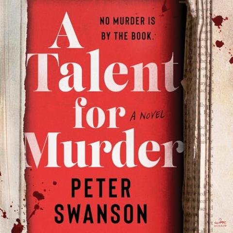 Book cover for "A Talent for Murder". It is a book that has a rectangle cut out of the inside with a red background and blood splatters.