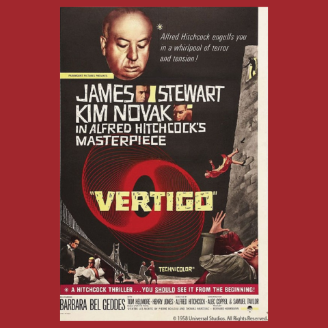 Poster for Vertigo - a man looks on in shock as a woman plummets from a tall building.