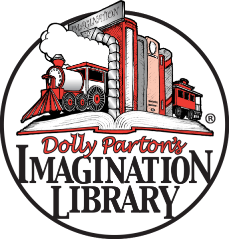 Dolly Parton's Imagination Library logo that has a train engine and caboose with books in between on top of an open book.