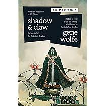 Cover of the book "Shadow & Claw"; greyish-green backdrop with a hooded figure standing in foreground.