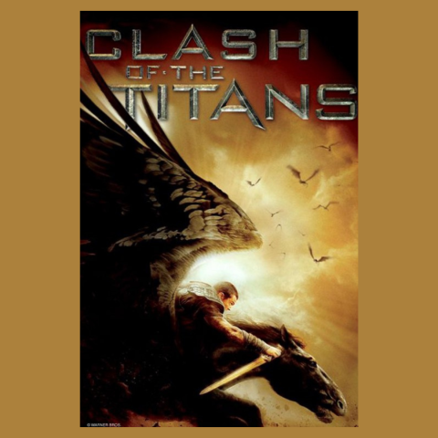 Cover of the movie "Clash of the Titans" with a man holding a sword and riding a winged horse in the sky with the sun in the background.