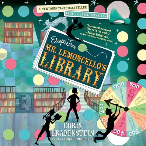 Cover of the book "Escape from Mr. Lemoncello's Library". It has silhouettes of children playing games or reading with images of game pieces, books, stairs and a vault.