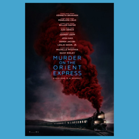 Image of the movie cover for "Murder on the Orient Express". This cover shows a train moving along the tracks with red smoke coming out of the smokestack on the engine.