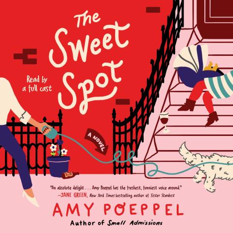 Book cover of "The Sweet Spot" showing a lady sitting on the front steps of a brownstone apartment with a baby in a carrier. A woman is walking by with a white dog on a leash.