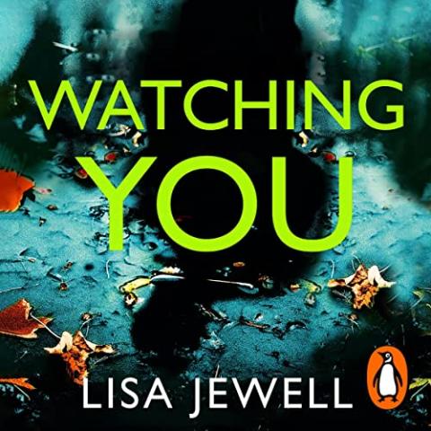 The cover of "Watching You" which shows the wet pavement from the rain with leaves and a shadow of a person.