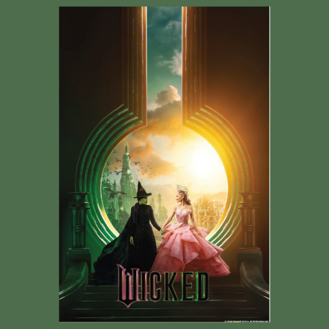 City and sunset in the background. Elphaba (played by Cynthia Erivo) and Glinda (played by Arianna Grande) standing in the forefront on top of title "Wicked".