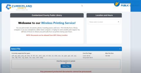 Image of the website for wireless printing. It has the Cumberland County logo on the top left of the page. There are directions on how to use the wireless printing service by selecting your file(s) and what type of files it will accept.