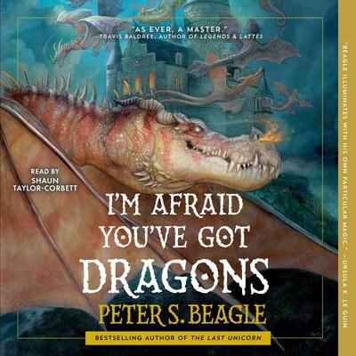 Cover of "I'm Afraid You've Got Dragons" where a large dragon with flames coming from its nostrils looms in front of a castle with other dragons flying around the castle.