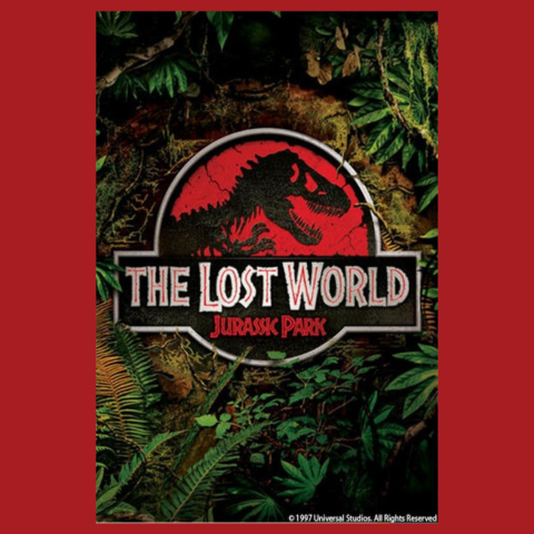 The movie cover for "The Lost World: Jurassic Park". There are jungle plants and a red circle containing the words "The Lost World." There is also the skeletal outline of a T. rex. 