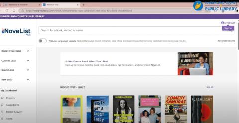 Image shows the homepage of NoveList Plus, a library database accessible through Cumberland County Public Library. It is displayed in a web browser with several browser tabs open at the top. It shows a search bar, a sign in button, the main navigation menu on the left sidebar, a promotional box, Books with Buzz and the library branding.