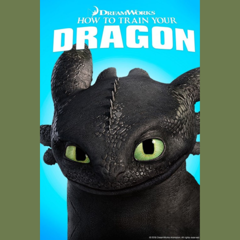 Movie poster for the animated film "How to Train Your Dragon". It features a close-up of Toothless, the Night Fury dragon, who is one of the main characters. Toothless has sleek, black scales, large green eyes and a curious, slightly mischievous expression. The background is a bright gradient of blue, and above Toothless's head, the text reads: "DREAMWORKS HOW TO TRAIN YOUR DRAGON".