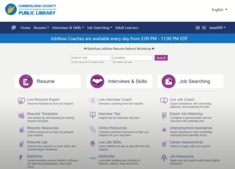Home screen for Brainfuse JobNow. It shows the categories under Resume, Interviews & Skills and Job Searching.