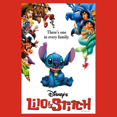Poster for Disney’s "Lilo & Stitch" featuring the character Stitch in the center, smiling mischievously. Surrounding him are various iconic Disney characters like Belle and the Beast, Aladdin and Jasmine, the Genie, Ariel and others. The tagline 'There's one in every family' is written above Stitch, emphasizing his quirky, outsider nature. The Lilo & Stitch title is at the bottom of the image.