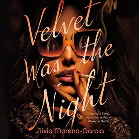 Cover of "Velvet Was the Night" by Silvia Moreno-Garcia. It features a woman with dark skin, full lips and long fingernails smoking a cigarette. She is wearing large, stylish sunglasses, and the lighting casts a smoky, moody, vintage atmosphere. The title, "Velvet Was the Night", is written in elegant, cursive script across the image in a glowing, velvety font.