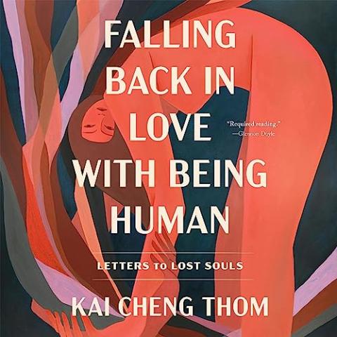 Cover of "Falling Back in Love With Being Human" that features an artistic rendition, in shades of reds and neutral colors, of a person with long hair bending forward and being held by disembodied arms against a navy backdrop.