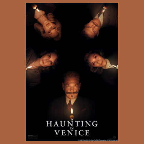 Movie cover for "A Haunting in Venice". The image contains five people in a circle, each holding a candle. The view of the circle of people is from the floor with the people looking down.