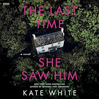 There is a white, two-story house with a black shingled roof in the middle of the cover. This house is surrounded on all four sides by green trees. The first part of the title, "The Last Time", is above the house in all caps and in pink. The rest of the title, "She Saw Him", is below the house in all caps and in pink. The author’s name is then underneath this in all caps and in white.