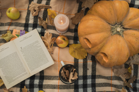 Picture of jack-o-lantern, open book, a mug, a lit candle, an apple and fall leaves on a cozy, plaid blanket.