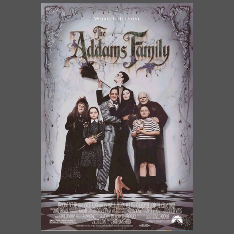 Movie poster for "The Addams Family." It shows the spooky family standing together against a gray marble background with vines. Gomez and Morticia stand at the center, with Gomez wearing a striped suit and Morticia in a long black gown. Uncle Fester, Pugsley and Wednesday stand to their sides, while Grandmama and Lurch are also there. The disembodied hand, Thing, is positioned at the bottom center. At the top, the text reads “Weird is Relative.”