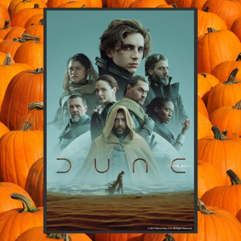 Movie cover for Dune 2021 with 8 characters shown on the cover above the main characters walking across the sand. The poster is on top of a background of pumpkins.