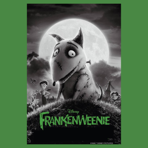 Movie poster for Frankenweenie showing Sparky, a stitched-up dog with large eyes and a neck bolt, standing in front of a full moon against a stormy sky. A graveyard, windmill, Victor (the boy who revives Sparky) and two other kids appear in the background, with the title Frankenweenie in jagged green letters at the bottom.