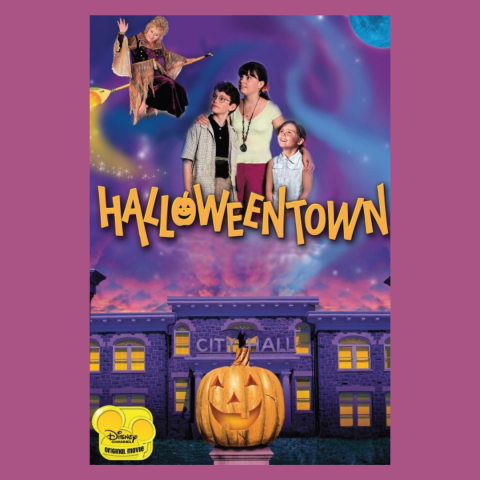 Movie poster for "Halloweentown" showing three children looking up at a witch flying on a broomstick, with a glowing jack-o-lantern in front of city hall under a magical night sky.