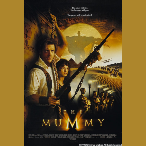 Movie poster for "The Mummy" (1999). It features two main characters, a man holding a rope and gun, and a woman standing beside him, looking forward. Behind them looms a giant, menacing face made of swirling sand. Pyramids and the desert stretch into the background, with an airplane flying over the sands and a line of people on camels below. At the bottom, groups of figures stand in dramatic golden light. The tagline at the top reads: The sands will rise. The heavens will part. The power will be unleashed.