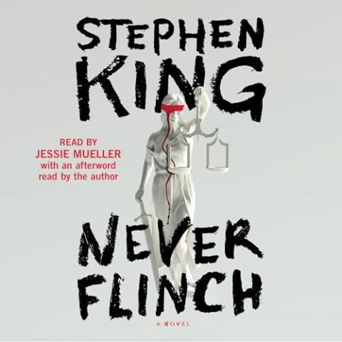 Cover for "Never Flinch" with a woman holding the justice scales with a sword down by her side. She has a red blindfold on her eyes with what looks like blood dripping down from it.