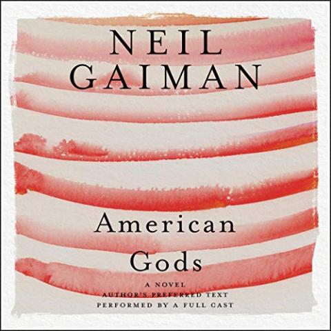 Cover of "American Gods" with approximately eight red paint strokes striped horizontally across against an eggshell-white background. The author's name is at the top and the title is at the bottom.