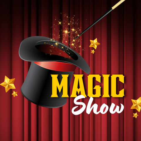 This image features a magic show theme. The background consists of deep red stage curtains. In the foreground, there is a black magician’s top hat with a red interior tilted slightly, and a magic wand touches the edge of the hat, releasing golden sparkles and stars. Scattered gold stars of varying sizes decorate the image. The text reads “MAGIC Show”, with “MAGIC” in large, bold, yellow uppercase letters and “Show” in white script-style font beneath it.