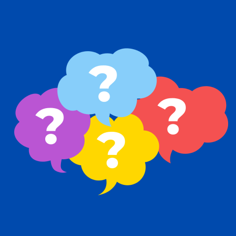 Four word bubbles in a circle with a white question mark in each. The word bubbles are light blue, red, yellow and purple. The background is blue.