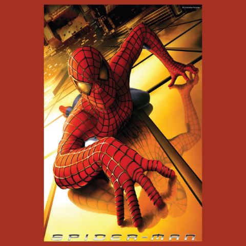 Poster for the movie "Spider-Man." It shows Spider-Man in his classic red and blue suit with a web pattern and large reflective white eye lenses. He is clinging to the side of a glass skyscraper, positioned as if he’s crawling toward the viewer. The background shows a cityscape with glowing lights and buildings, creating a sense of height and motion.