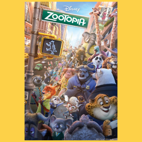 Movie poster for "Zootopia". It shows a busy city street filled with anthropomorphic animals of various species, sizes and occupations walking, driving and interacting. At the forefront are two main characters: Judy Hopps, a rabbit police officer, and Nick Wilde, a fox in a green shirt and tie. The cityscape features tall buildings, bright signage and traffic. A street sign in the upper left corner reads “Zootopia,” with a pedestrian crossing signal beside it. The Disney logo appears above the title.