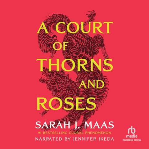 Bright red background with a sketched black wolf shot in the neck with an arrow; yellow text on foreground: "A Court of Thorns and Roses," with white subtext below for the author, "Sarah J. Maas."
