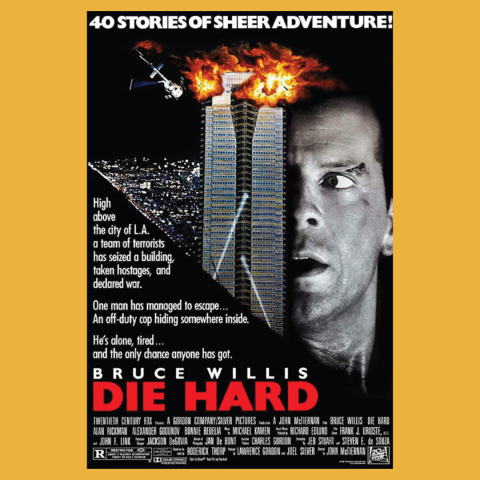 Poster for“Die Hard” featuring a dramatic nighttime city background with many lights. In the center is a tall skyscraper with two connected towers. The building is shown exploding with bright flames and smoke erupting from the top. A helicopter hovers nearby. On the right side of the poster is a large close-up of a man's face, filling nearly half of the image. He appears tense and alert, his mouth slightly open and eyes looking intensely toward the left, suggesting danger or urgency.