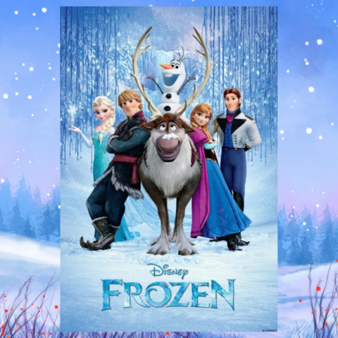 Poster for Disney's "Frozen." Background features a sparkling winter landscape with snow-covered trees and hanging icicles . In the center stands Sven, a brown and tan reindeer with large antlers. Behind him are: Olaf, a white snowman with a carrot nose and twig arms; Kristoff, a man wearing winter clothing in dark blue and gray; Elsa, a woman with pale skin and long platinum-blonde braided hair; Anna, a woman with fair skin and long reddish-brown braided hair; Hans, a man with brown hair.