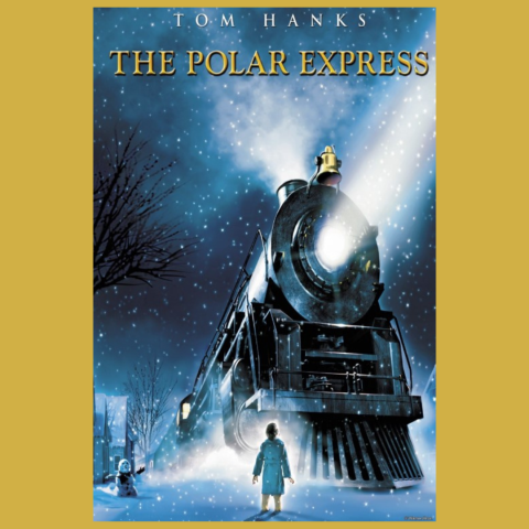 Movie poster for "The Polar Express." It shows a young child in a blue robe standing in front of a large, brightly lit steam train that’s pulling into a snowy village at night. Snow is falling all around, and a snowman is visible in the background near a house. The train’s headlight shines brightly, casting light on the child and the surrounding snow.