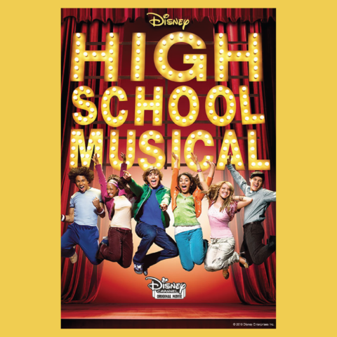 Movie poster for “High School Musical” shows the title in large marquee lights against red stage curtains. Below it, six teens in colorful clothes jump in the air with excited expressions. The Disney Channel Original Movie logo appears at the bottom.